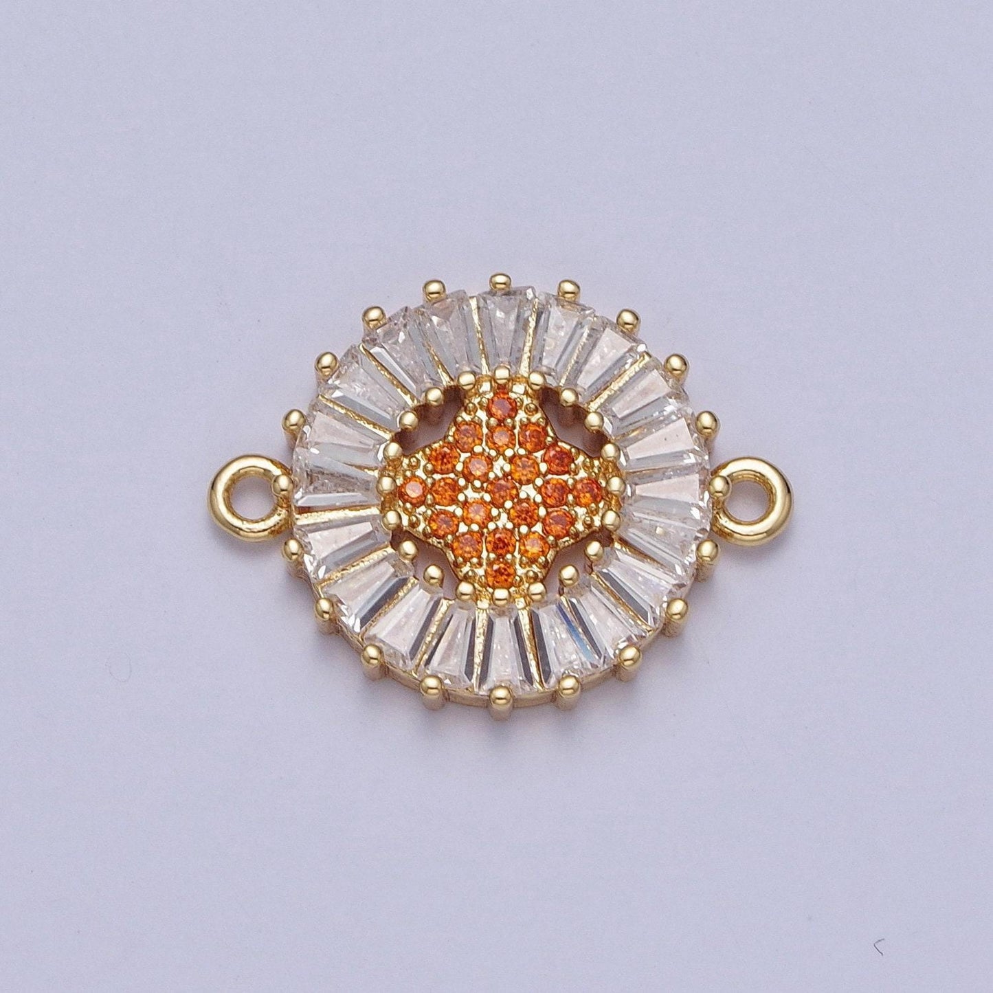 24k gold filled micro pave 4-point star diamond center link connector, baguette stone bracelet connector, round sunburst link connector