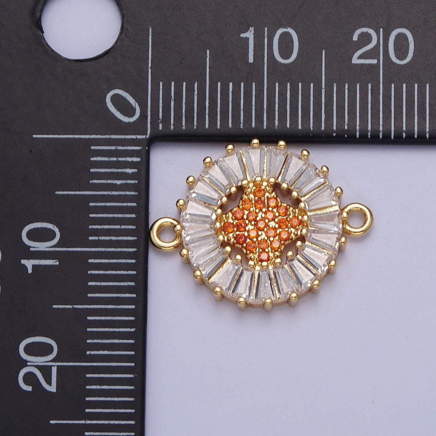 24k gold filled micro pave 4-point star diamond center link connector, baguette stone bracelet connector, round sunburst link connector