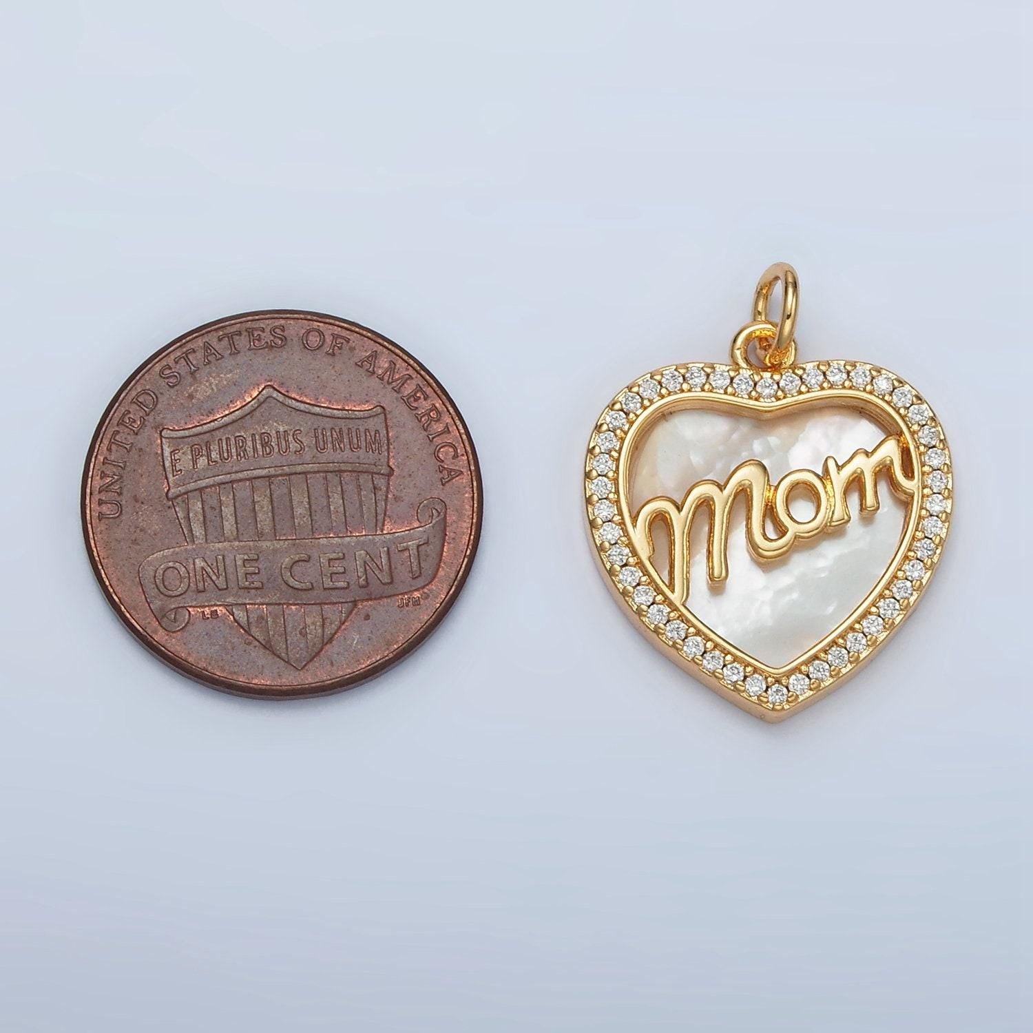 24k gold filled shell pearl cz paved 'mom' heart charm | ag-858
