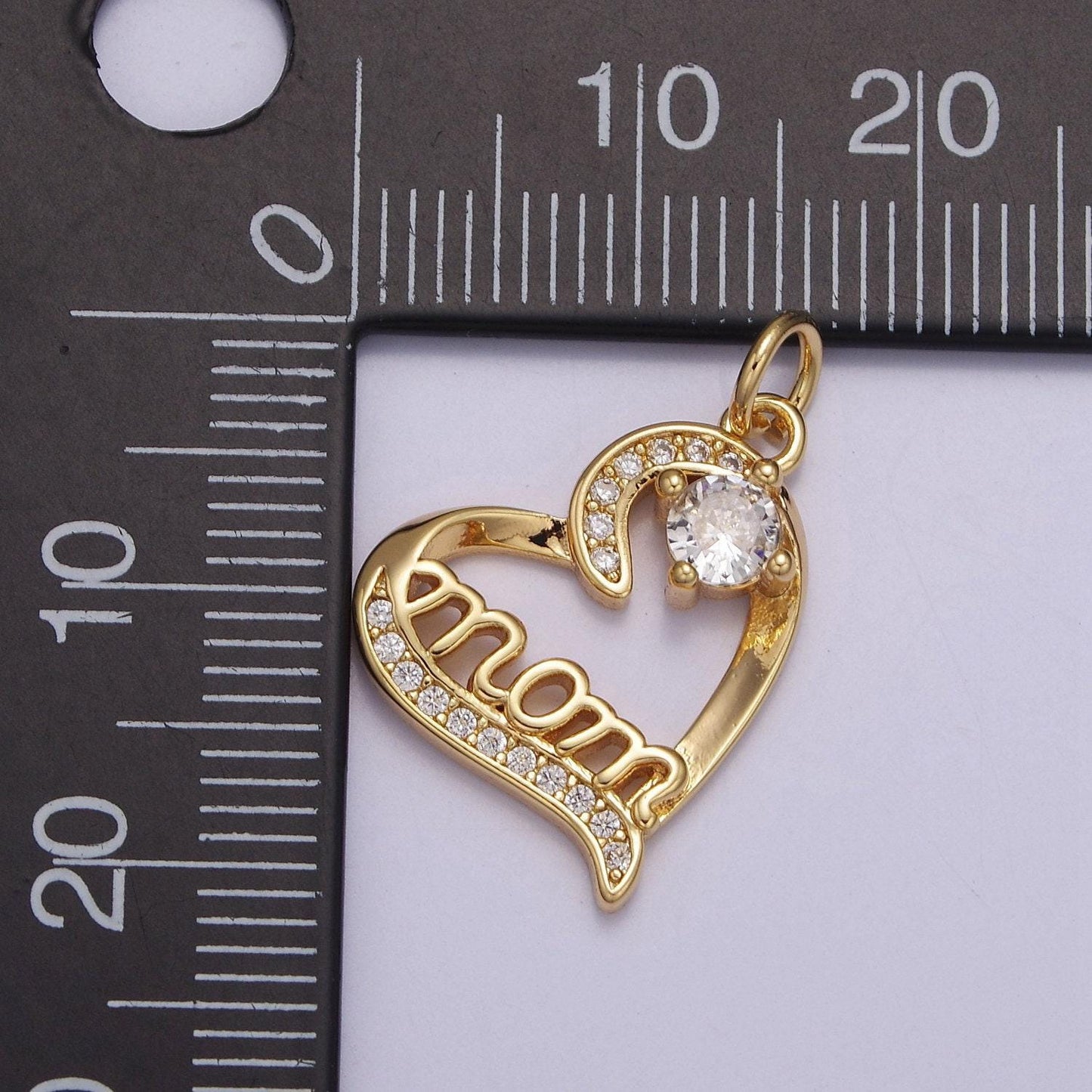 Dainty mom charm pendant, mother's day charms pendants, mom heart, 18k gold filled charm micro pave mom charm dangle pendant e-712