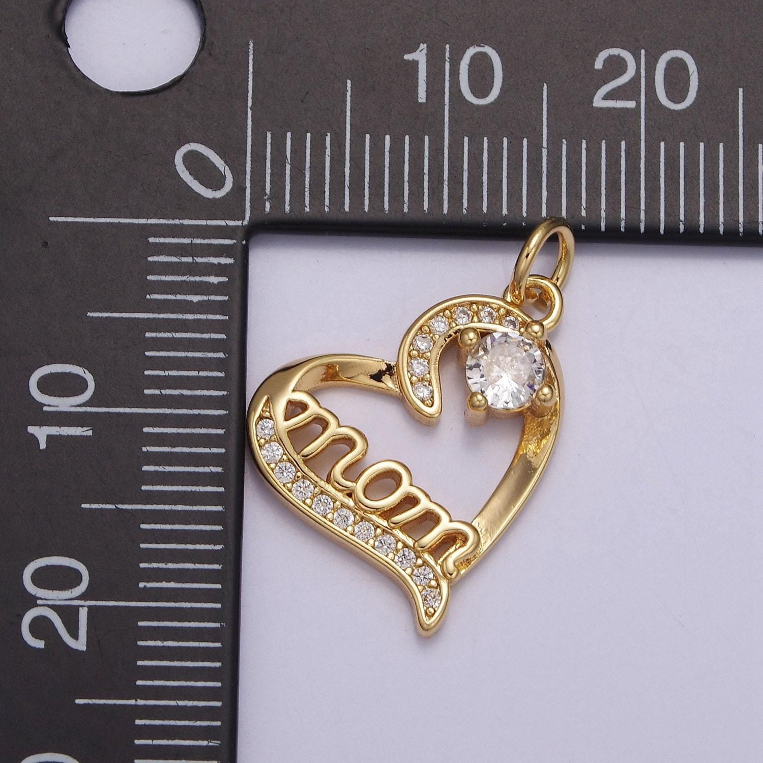 Dainty mom charm pendant, mother's day charms pendants, mom heart, 18k gold filled charm micro pave mom charm dangle pendant e-712
