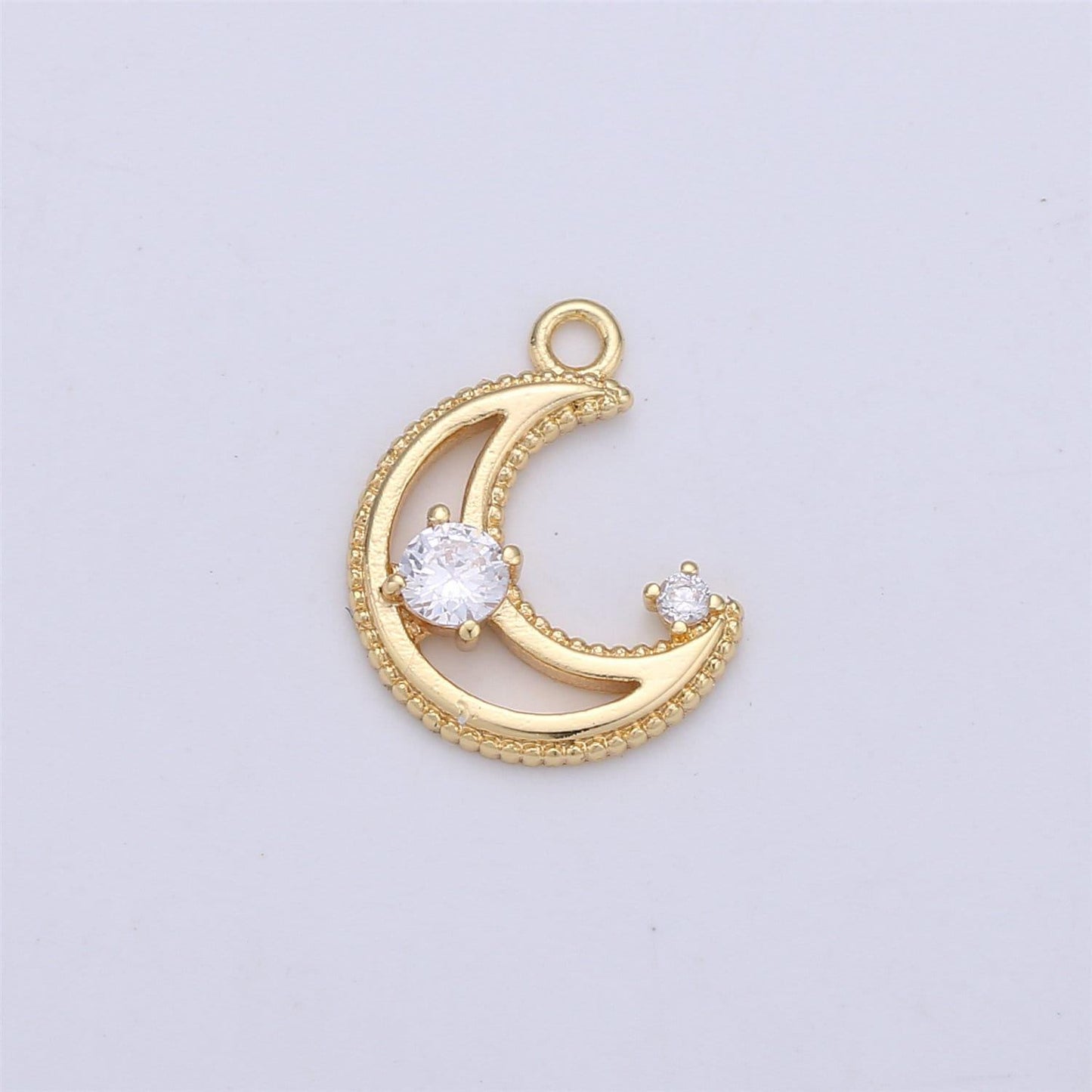 Dainty gold cz crescent moon cubic zirconia with pink blue clear teal cz 14k gold filled pave charm celestial unique charm i-332