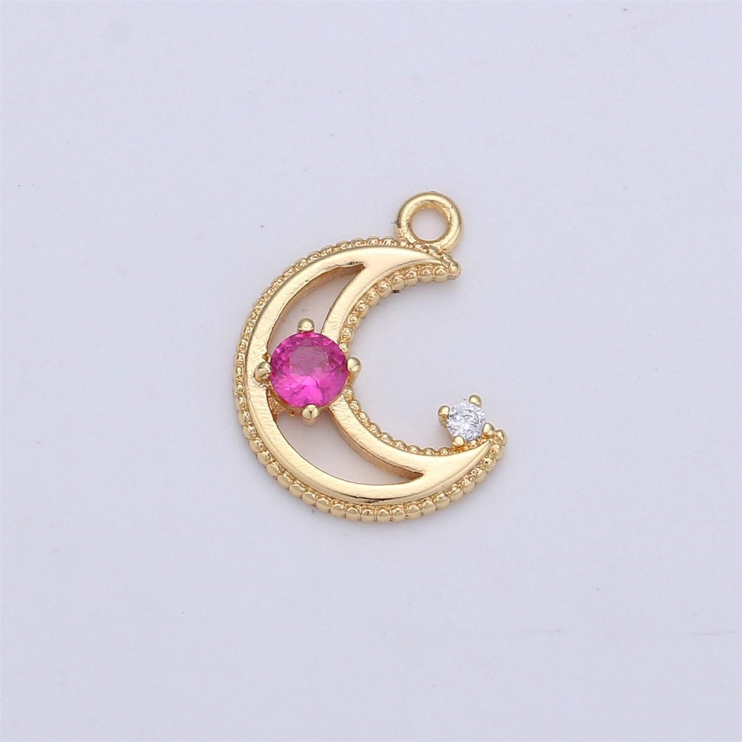 Dainty gold cz crescent moon cubic zirconia with pink blue clear teal cz 14k gold filled pave charm celestial unique charm i-332