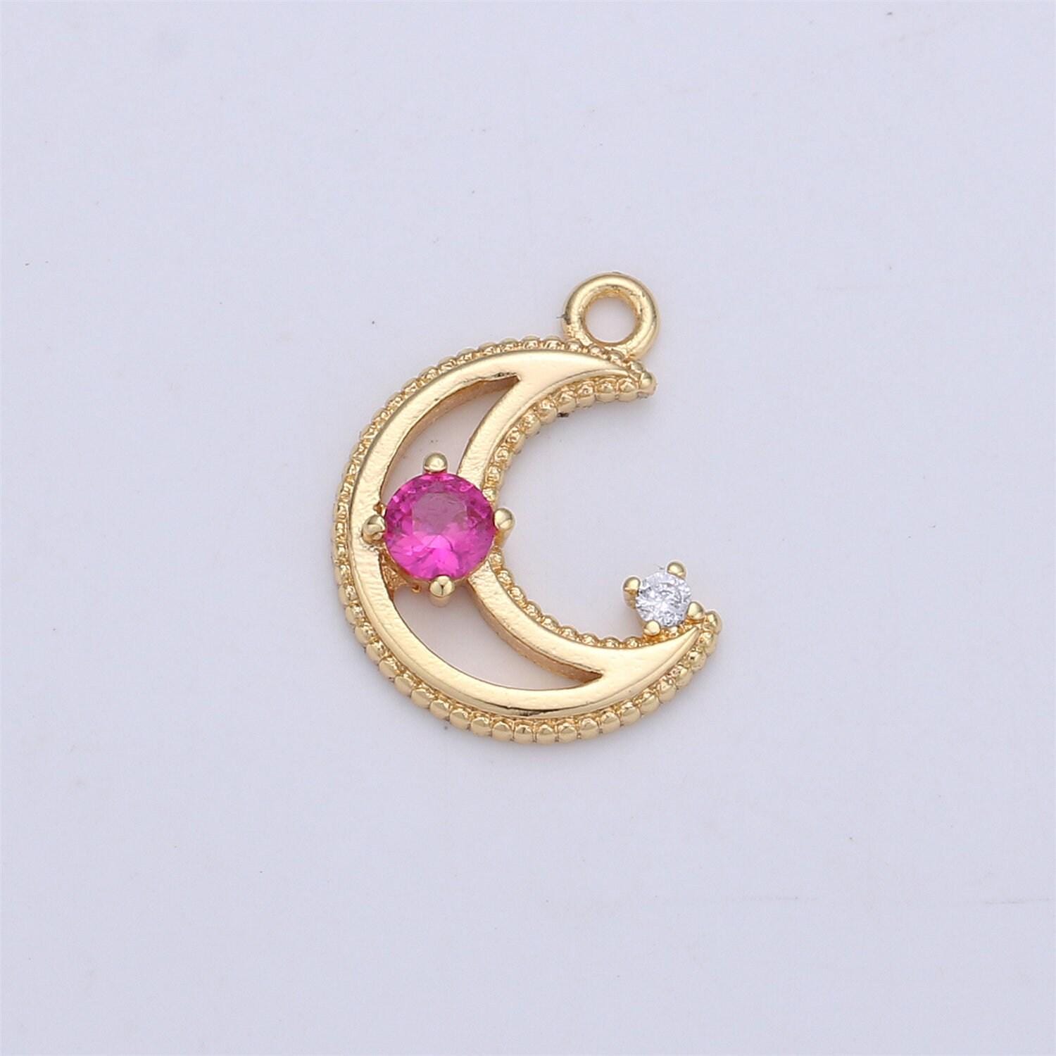 Dainty gold cz crescent moon cubic zirconia with pink blue clear teal cz 14k gold filled pave charm celestial unique charm i-332