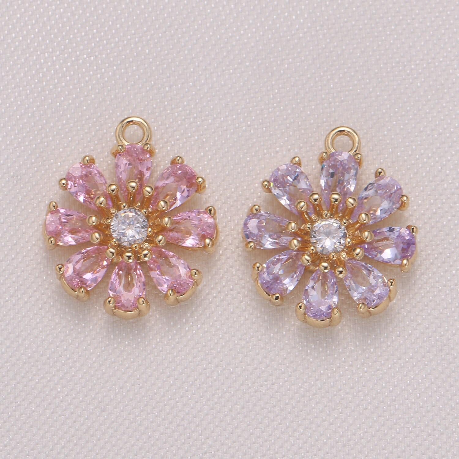 Dainty pink purple daisy flower cubic zirconia cz charm pendant floral nature charm bracelet necklace earring supply - 962