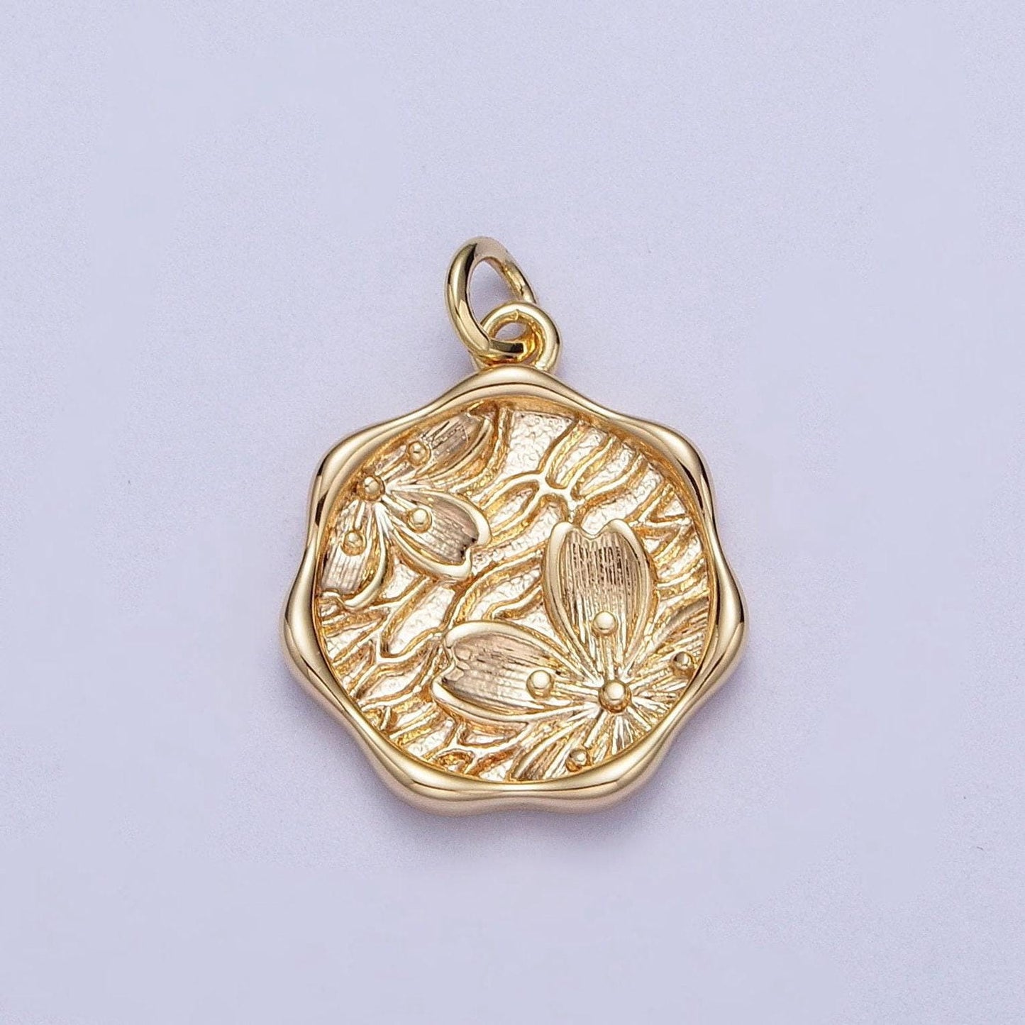 Gold embossed cherry blossom flowers medallion pendant, 16k gold filled textured floral florette wavey coin design charm | x-780