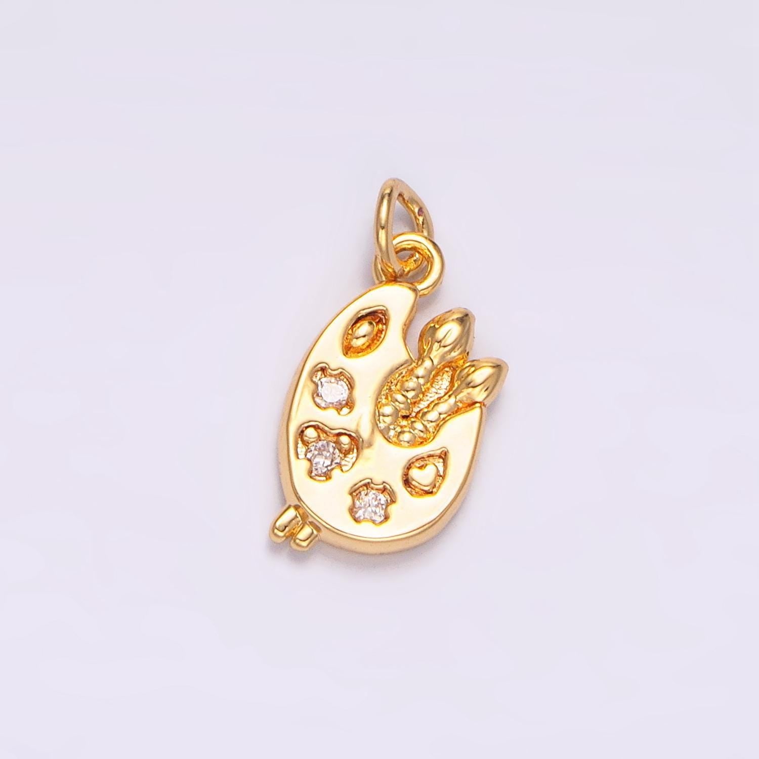 Mini 24k gold painting palette charms, artist ckear cz charm pendant, brush art for bracelet earring necklace supply w088