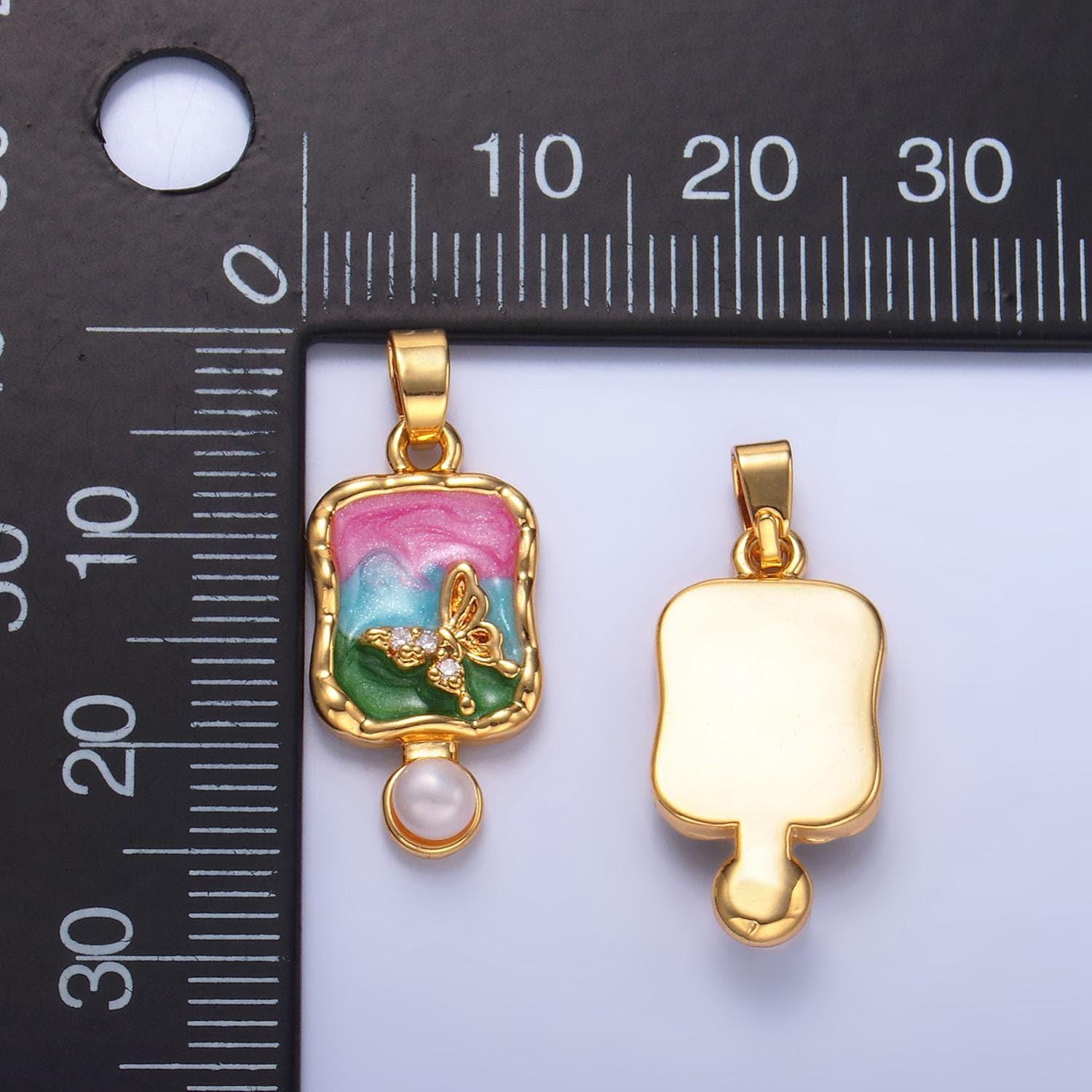 Multicolor cz shell pearl enamel molten stamped butterfly insect 24k gold filled pendant | aa-1037
