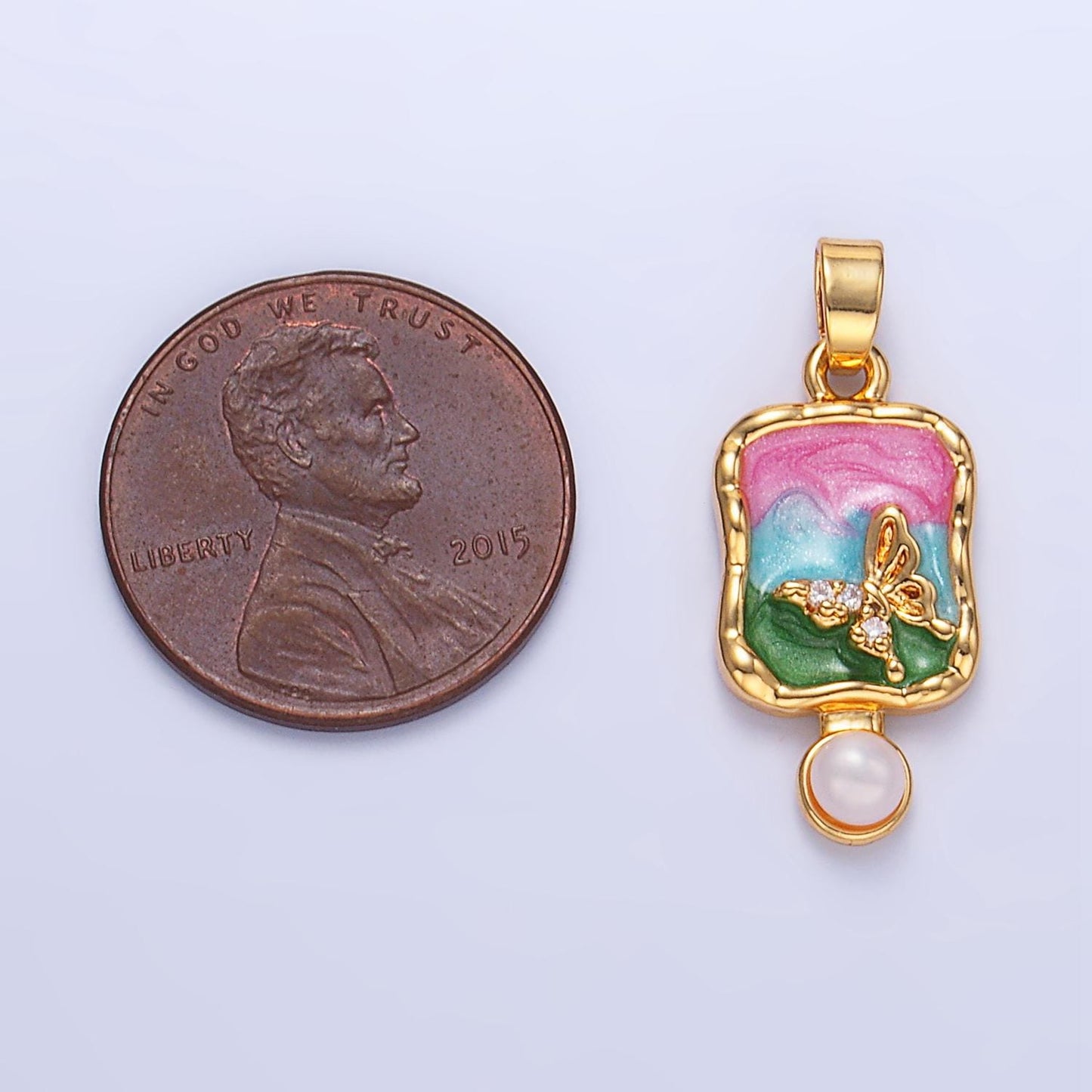 Multicolor cz shell pearl enamel molten stamped butterfly insect 24k gold filled pendant | aa-1037