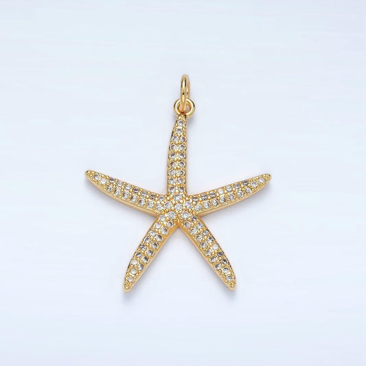 16k gold filled thin starfish micro pave cz clear stone pendant, minimalistic animal star fish dainty crystal cz charm | x-195