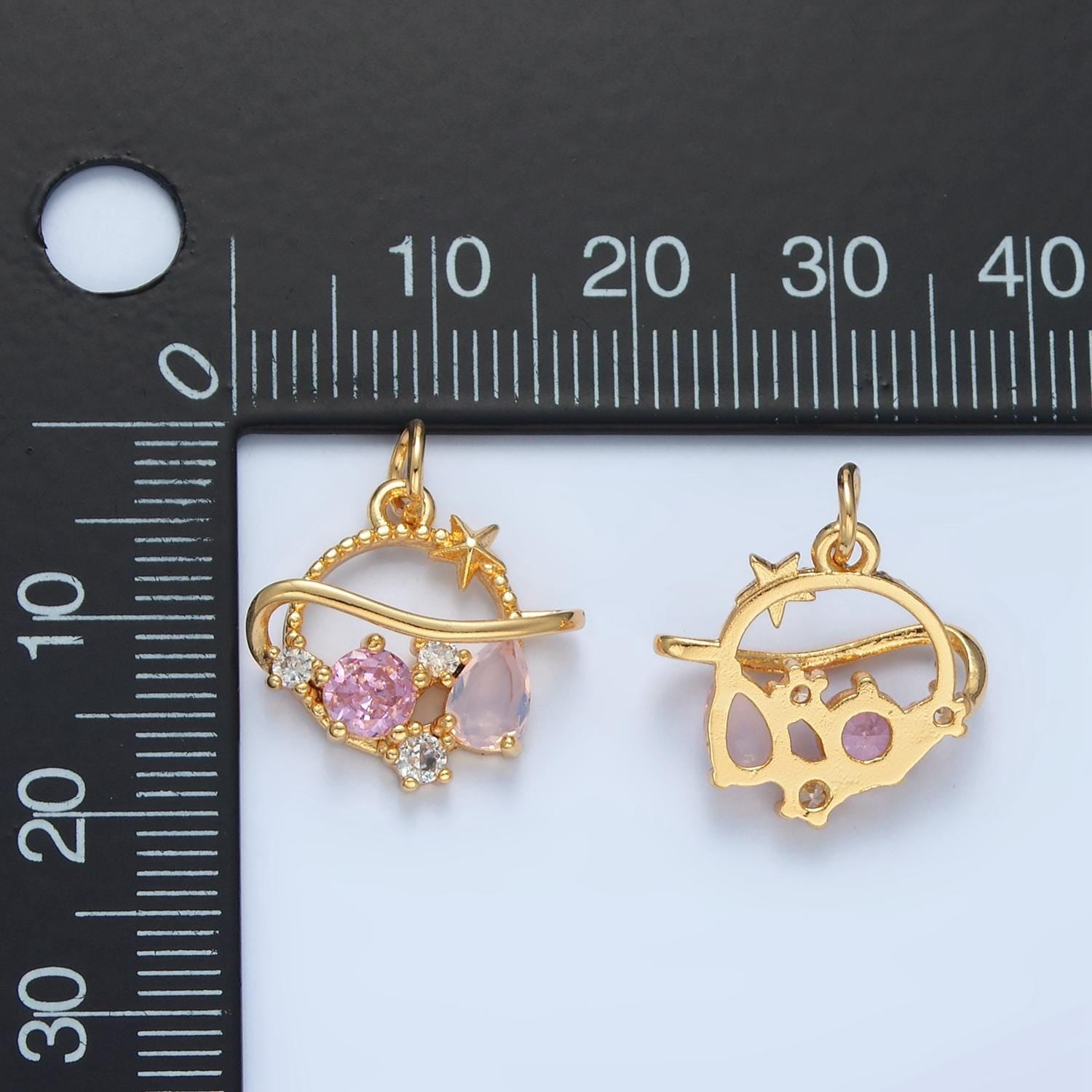 Open saturn planet pink & white cz 24k gold filled celestial charm | x-280