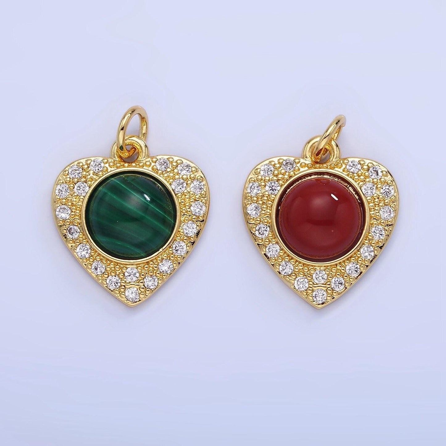 14k gold filled malachite, carnelian micro paved cz heart charm | w-565