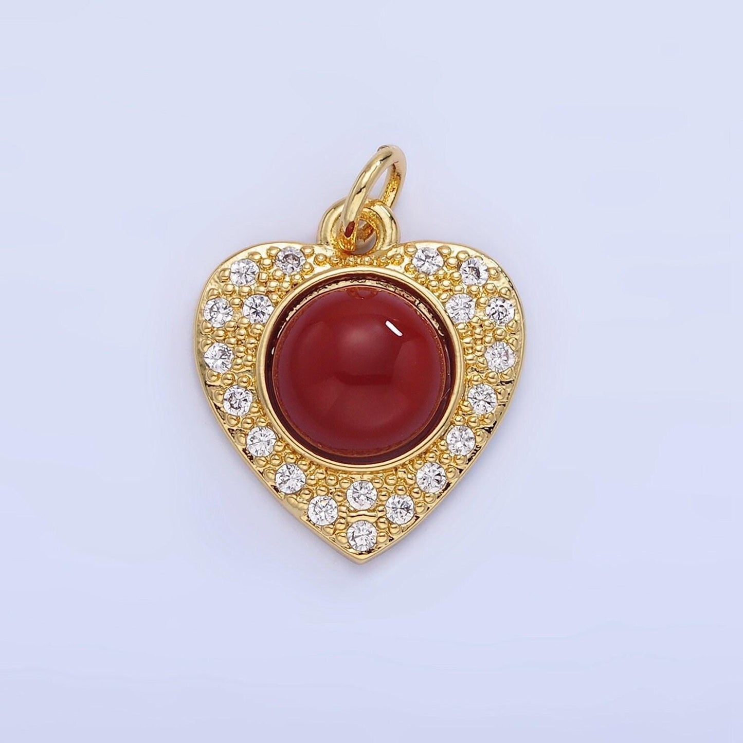 14k gold filled malachite, carnelian micro paved cz heart charm | w-565