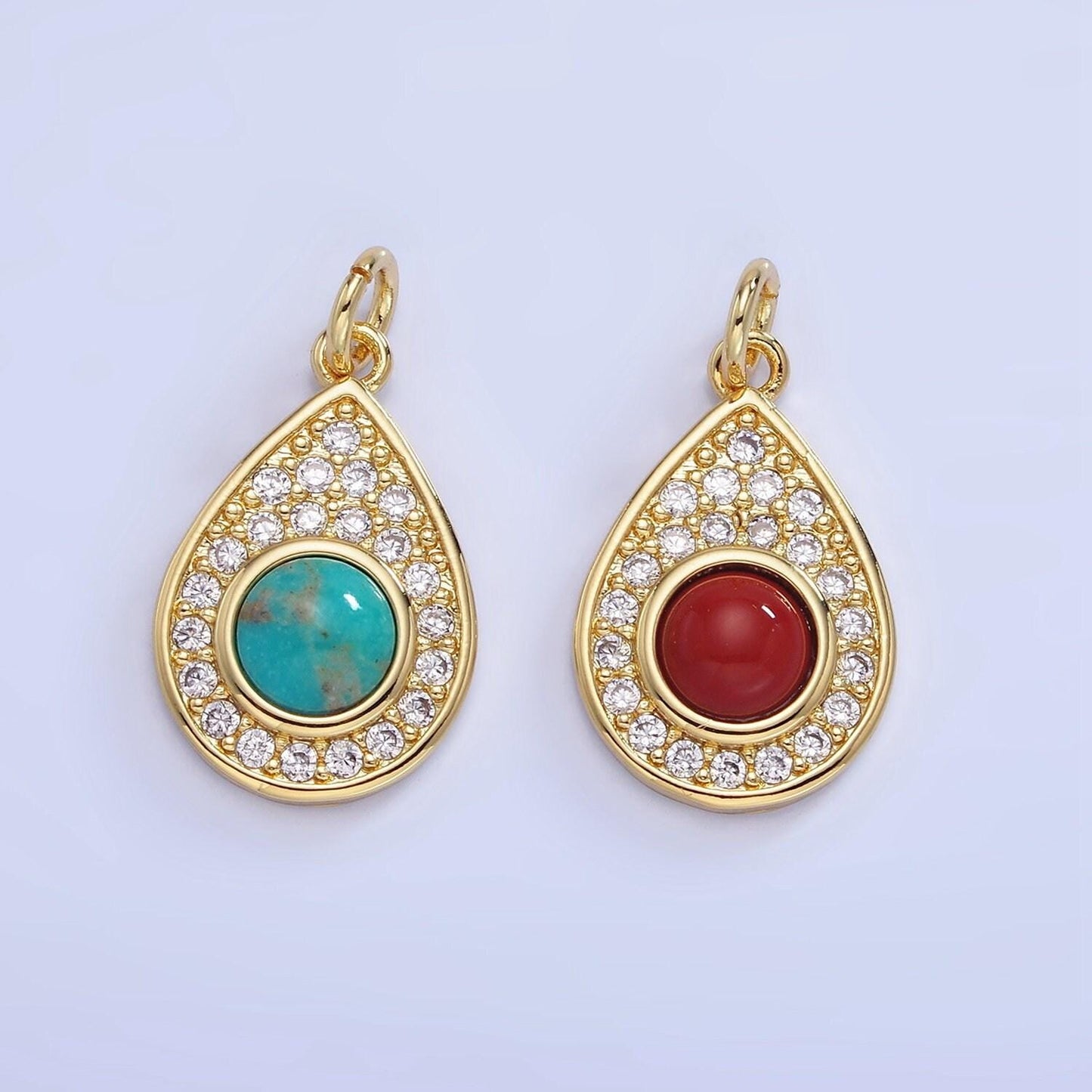 Dainty micro pave 14k gold filled red carnelian teardrop charm turquoise bead stone geometric charm necklace bracelet supply | w-564
