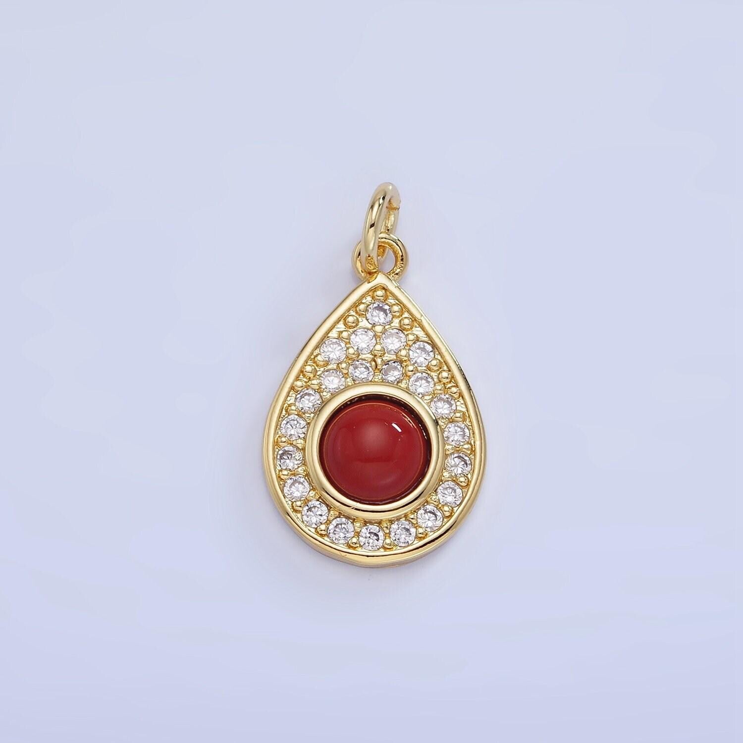 Dainty micro pave 14k gold filled red carnelian teardrop charm turquoise bead stone geometric charm necklace bracelet supply | w-564