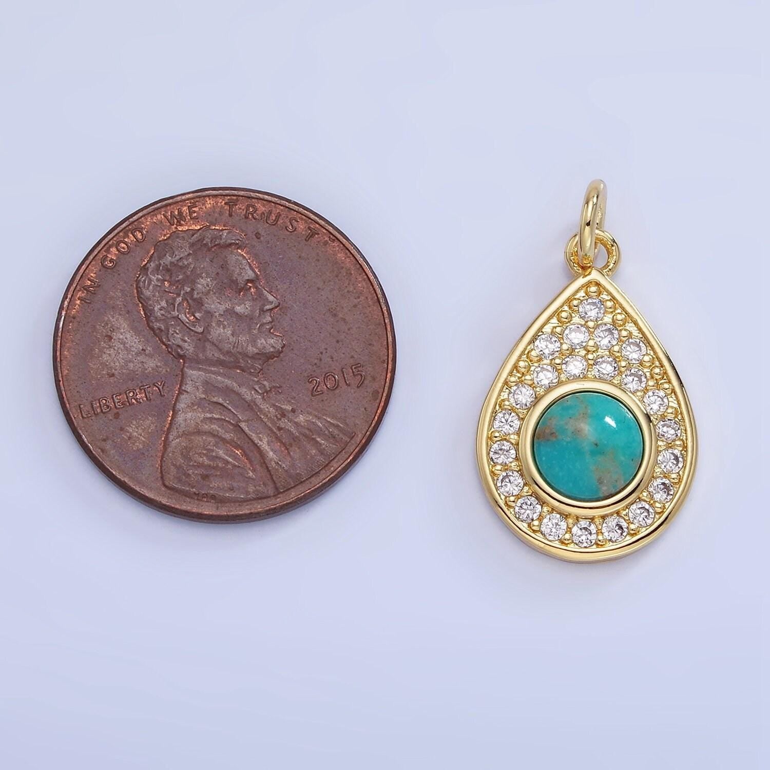 Dainty micro pave 14k gold filled red carnelian teardrop charm turquoise bead stone geometric charm necklace bracelet supply | w-564
