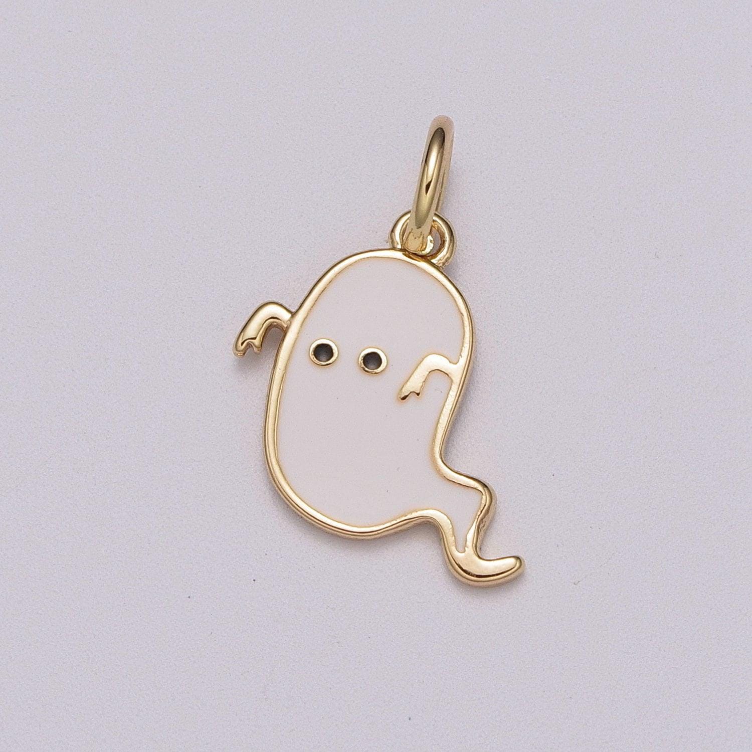 Dainty gold white ghost charm, gold enamel cute scary haunted halloween pendant jewelry inspired