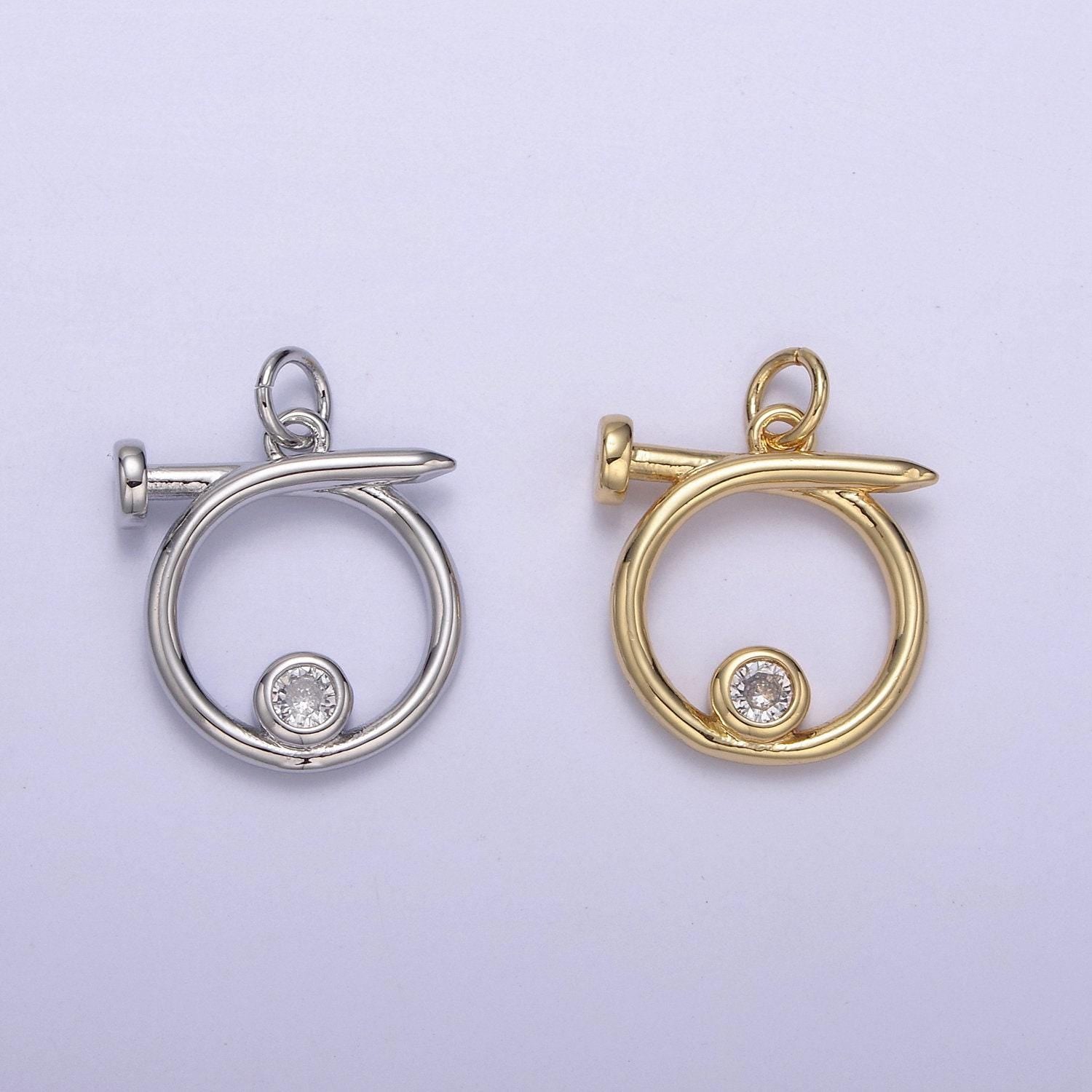 Dainty looped nail pendant in gold/silver w/ clear cz stone | diy fashion jewelry charm add on necklace bracelet earring | n-807 n-808
