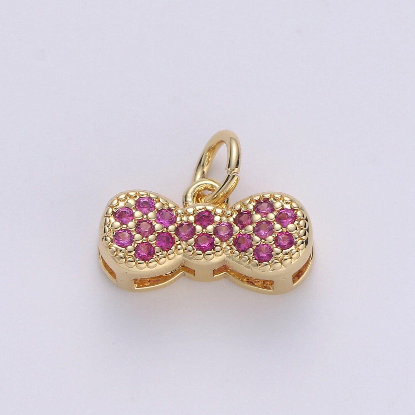 24k gold bow charms, cz bracelet charm, fuschia micro pave bow, mini bow pendant,cubic zirconia charm, gf charm