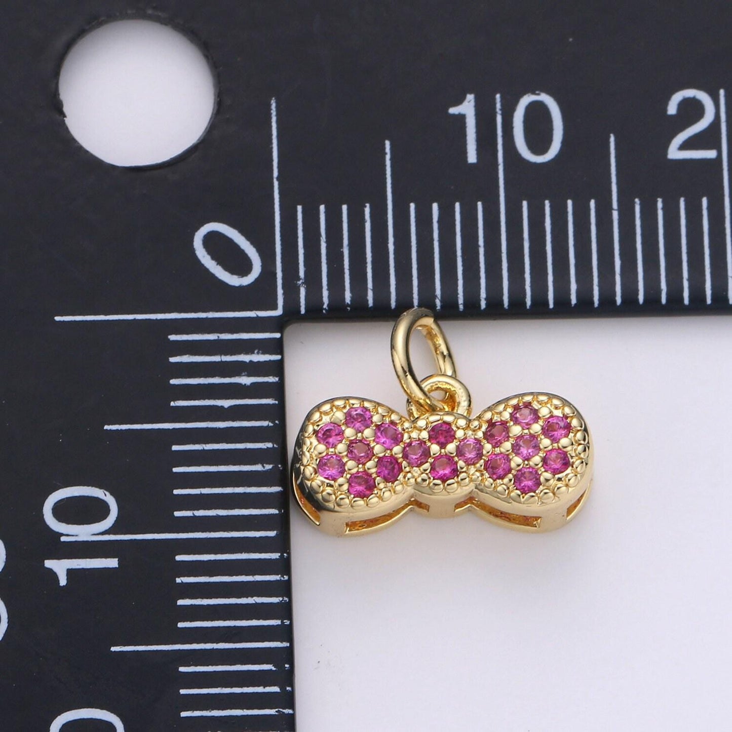 24k gold bow charms, cz bracelet charm, fuschia micro pave bow, mini bow pendant,cubic zirconia charm, gf charm