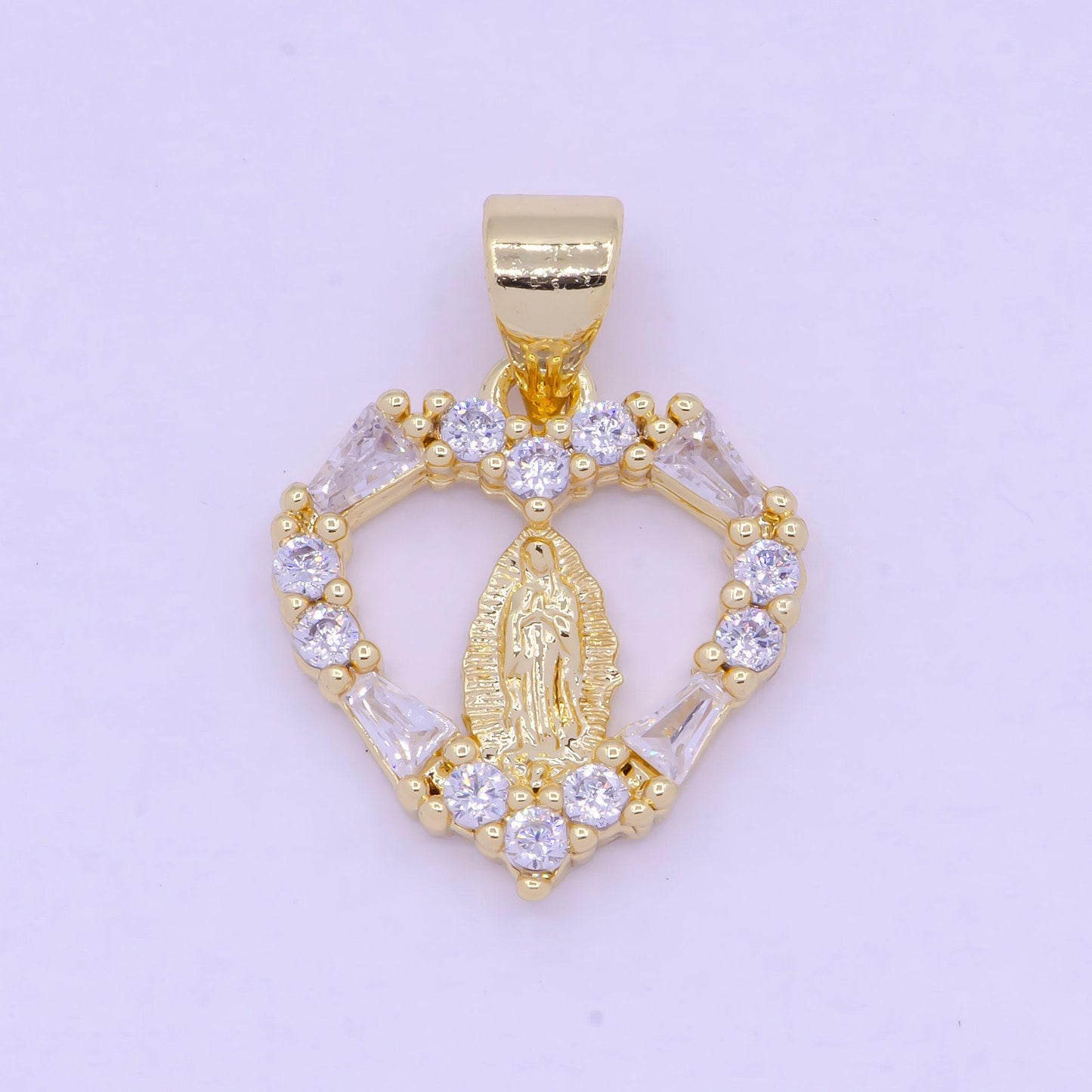 Gold virgin mary on heart emblem pendant, 24k gold filled clear micro paved cz baguette religious lady guadalupe love heart charm | x-462