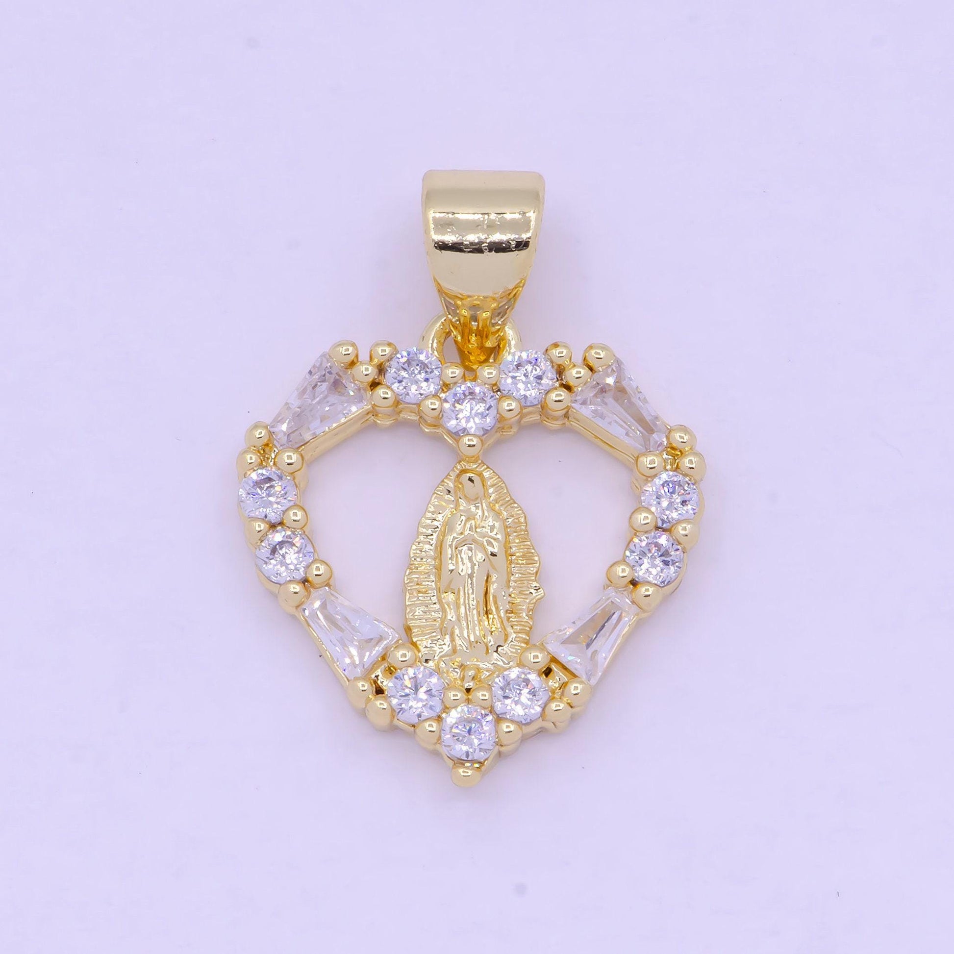 Gold virgin mary on heart emblem pendant, 24k gold filled clear micro paved cz baguette religious lady guadalupe love heart charm | x-462