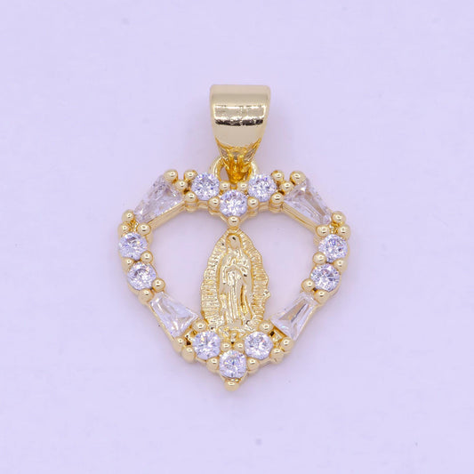 Gold virgin mary on heart emblem pendant, 24k gold filled clear micro paved cz baguette religious lady guadalupe love heart charm | x-462