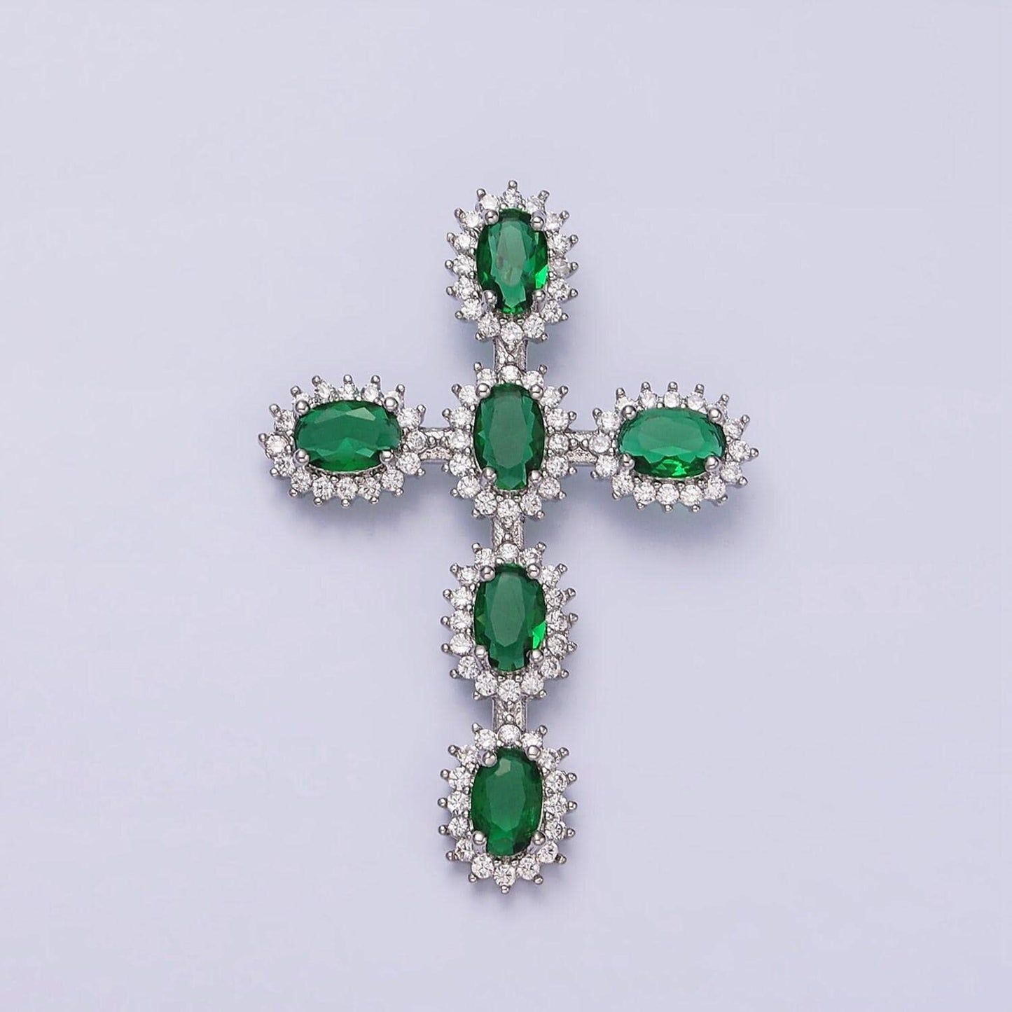 Emerald green cz baguette cross pendant, 16k gold filled clear micro paved diamond cz center cut cross religious charm | x-503