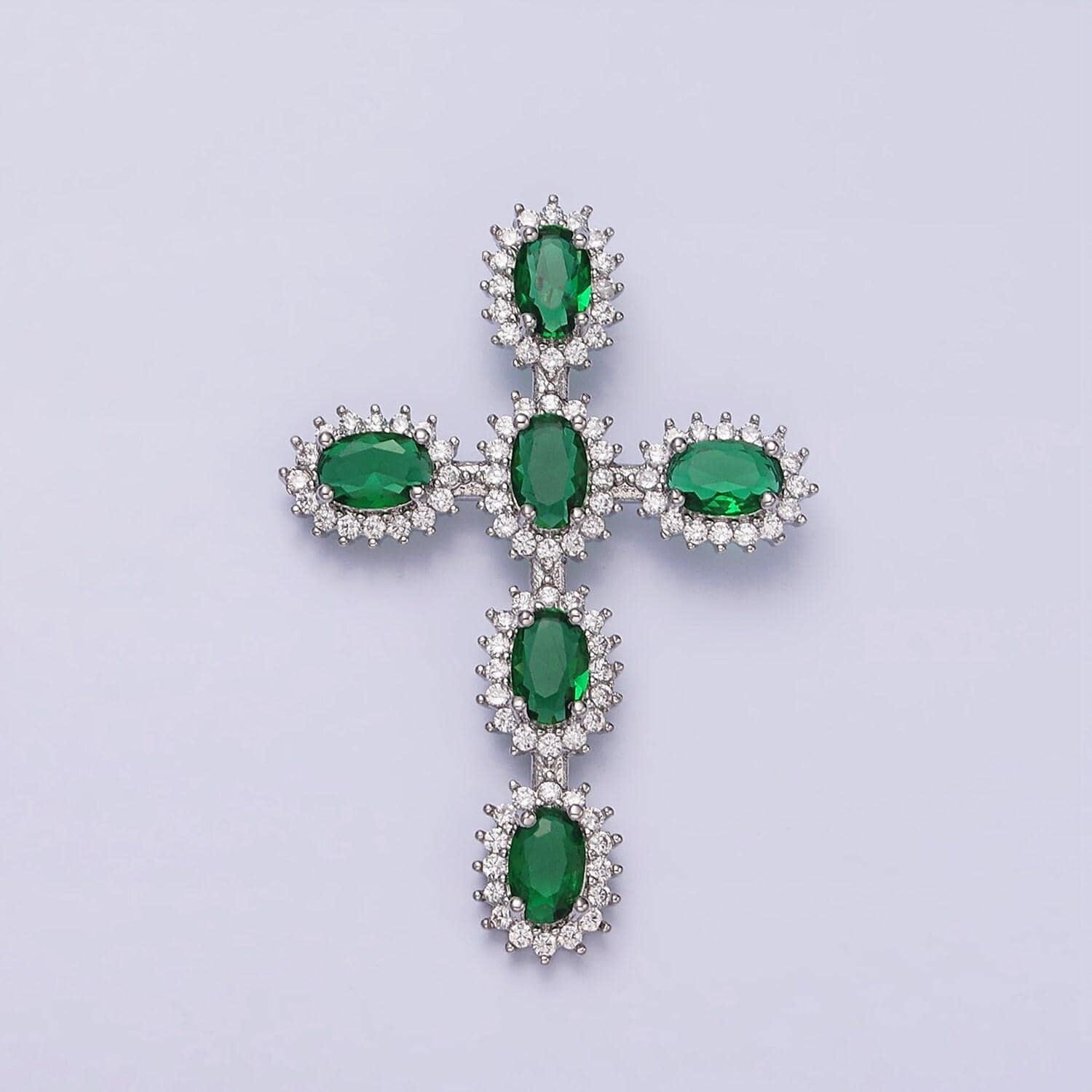 Emerald green cz baguette cross pendant, 16k gold filled clear micro paved diamond cz center cut cross religious charm | x-503