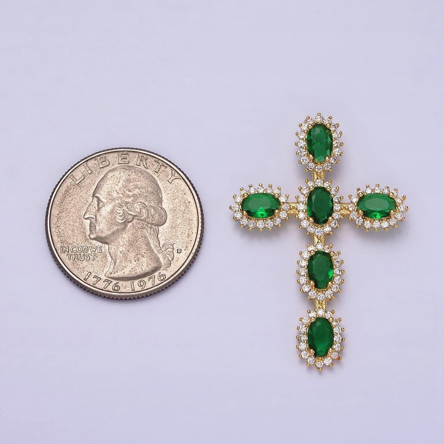 Emerald green cz baguette cross pendant, 16k gold filled clear micro paved diamond cz center cut cross religious charm | x-503