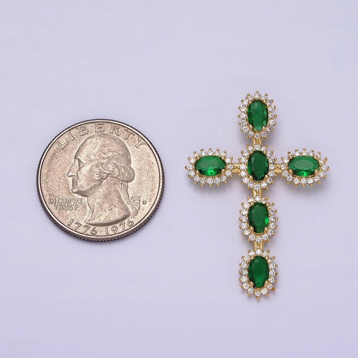 Emerald green cz baguette cross pendant, 16k gold filled clear micro paved diamond cz center cut cross religious charm | x-503
