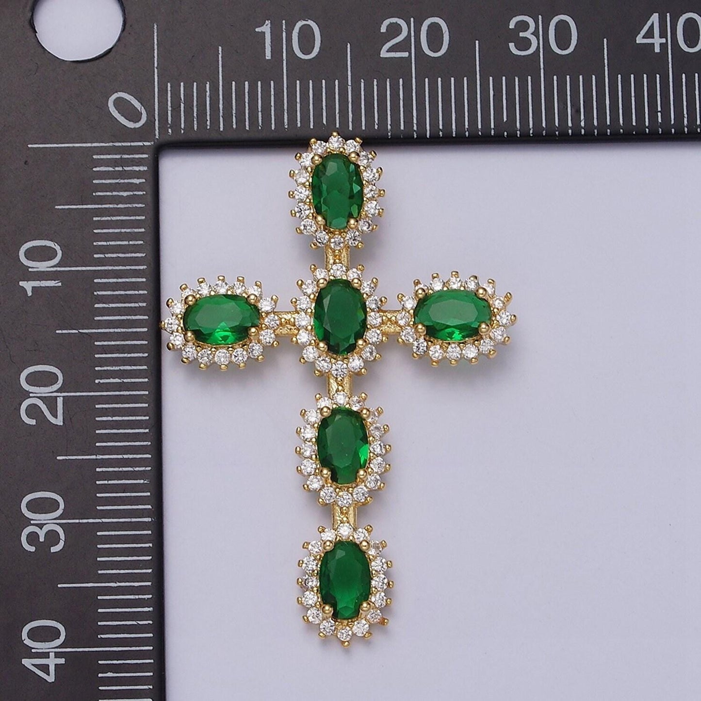 Emerald green cz baguette cross pendant, 16k gold filled clear micro paved diamond cz center cut cross religious charm | x-503