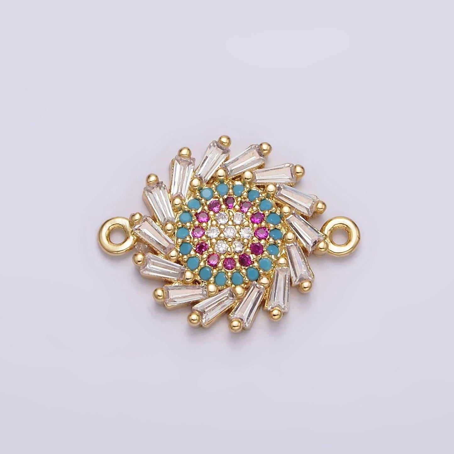 14k gold filled multicolor evil eye charm connector round clear baguette sun burst link connector | g652