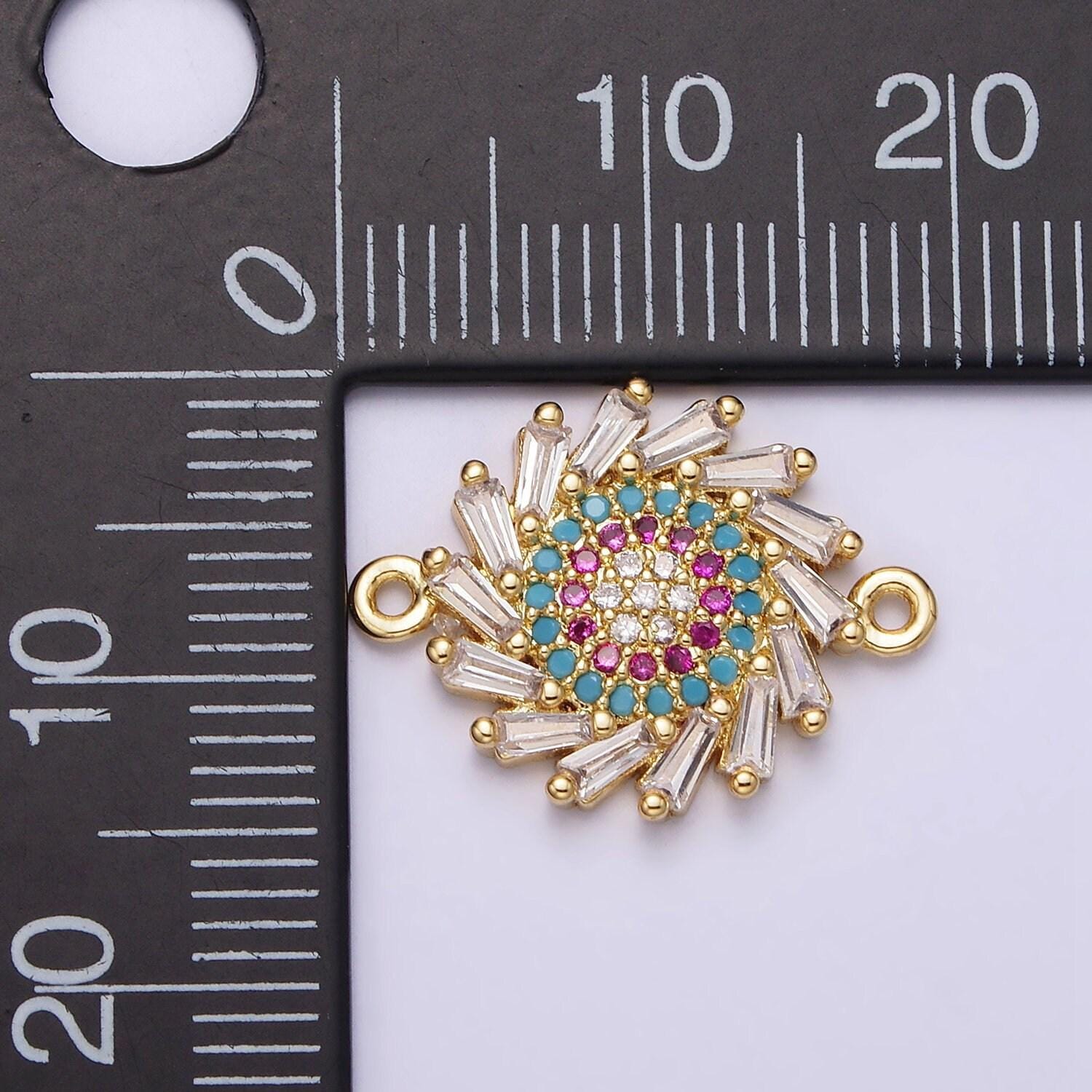 14k gold filled multicolor evil eye charm connector round clear baguette sun burst link connector | g652