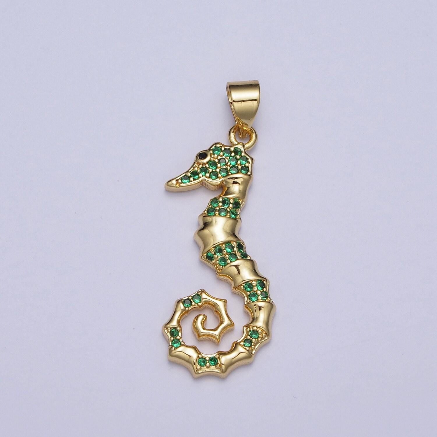 Thin cartoon green sea horse pendant, dainty animated seahorse green micro pave cz charm, 24k gold plated animal charm under the sea | x-475