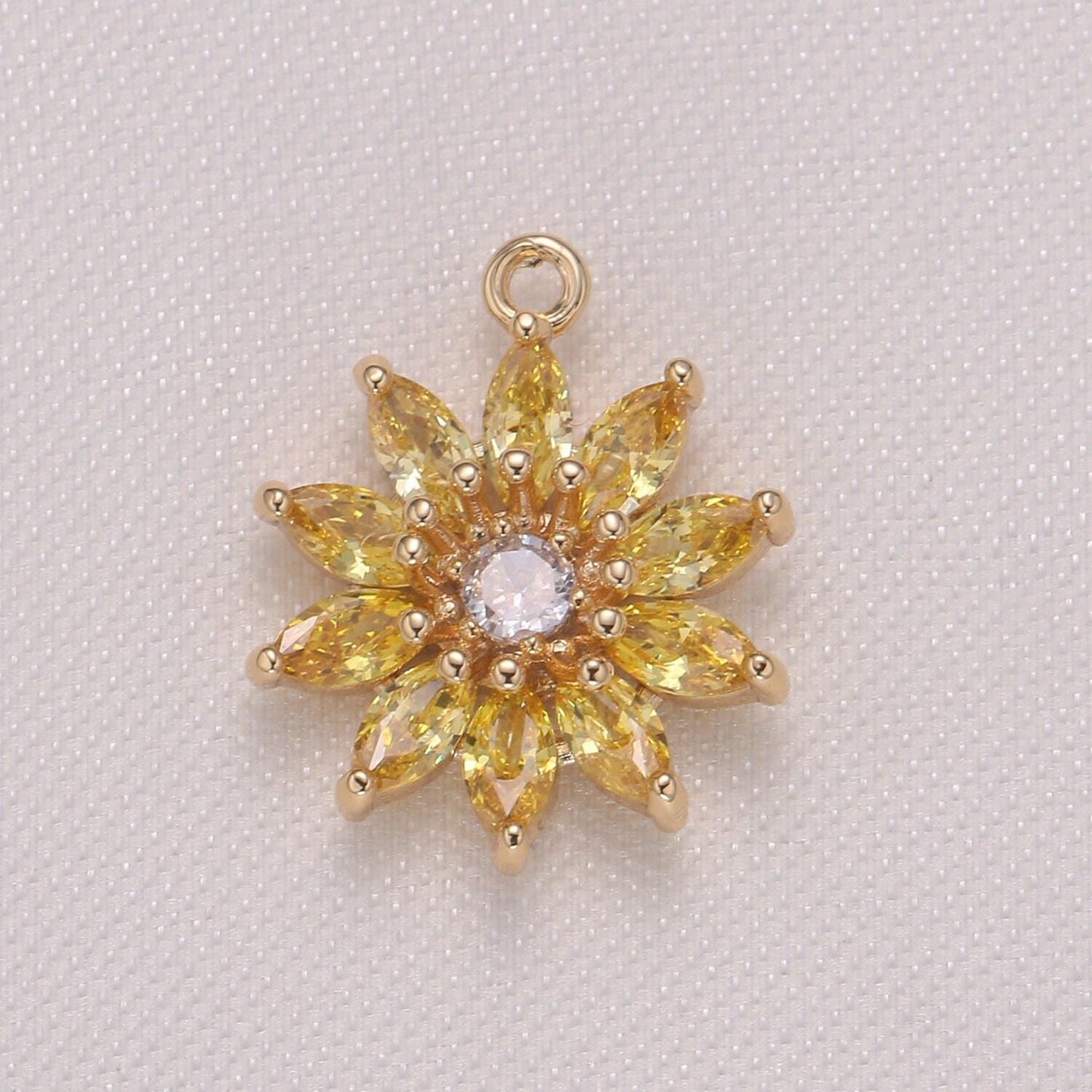 Dainty pink yellow sunflower cubic zirconia cz charm pendant floral nature charm bracelet necklace earring supply, 962