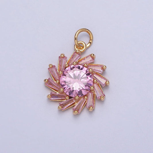 16k gold plated heavenly pink flower diamond cubic zirconia cz baguette stone charm pendant floral nature charm | x-262