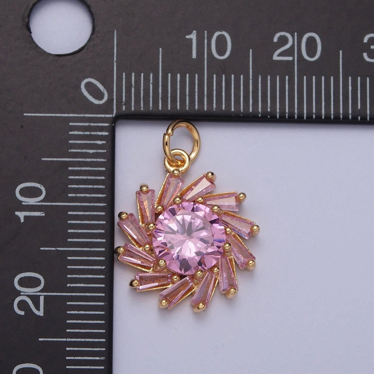 16k gold plated heavenly pink flower diamond cubic zirconia cz baguette stone charm pendant floral nature charm | x-262