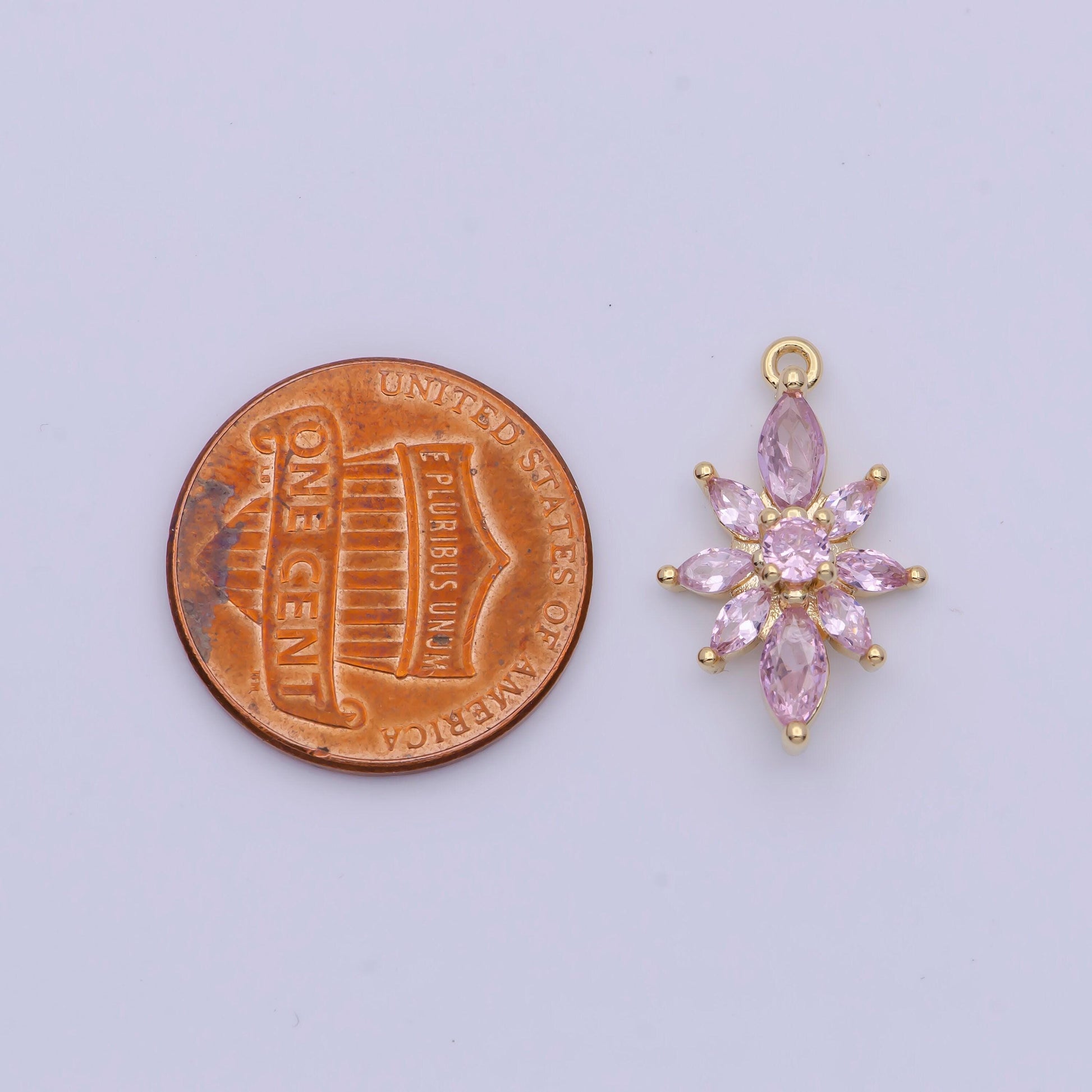 Gold pink cz lotus flower pendant, 16k gold plated micro paved yoga pink cz floral florette charm | ag136