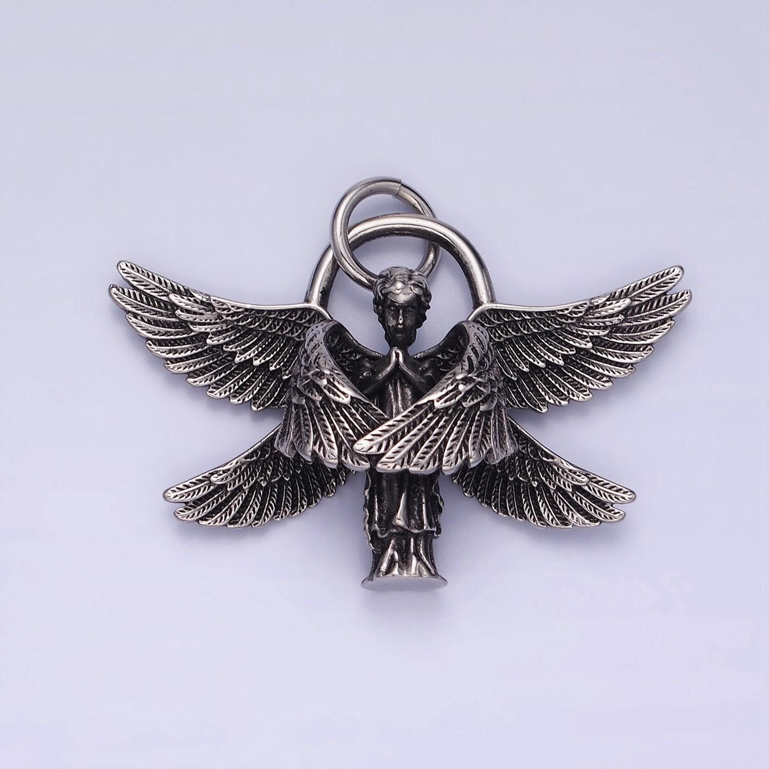 Stainless steel angel wings pendant double wing charm antique silver dark pendant for men jewelry p1369