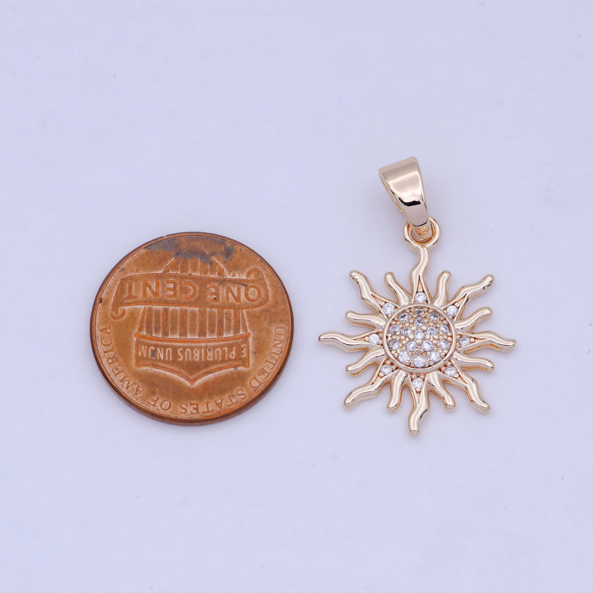 Simple sunburst pendant, 18k rosy gold filled clear micro paved cz sun rays charm | x-465
