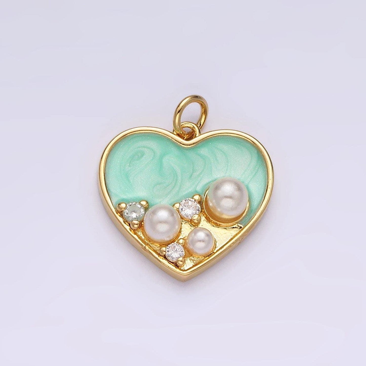 14k gold filled 20mm pearl cz dotted teal sparkly enamel heart charm | ac788