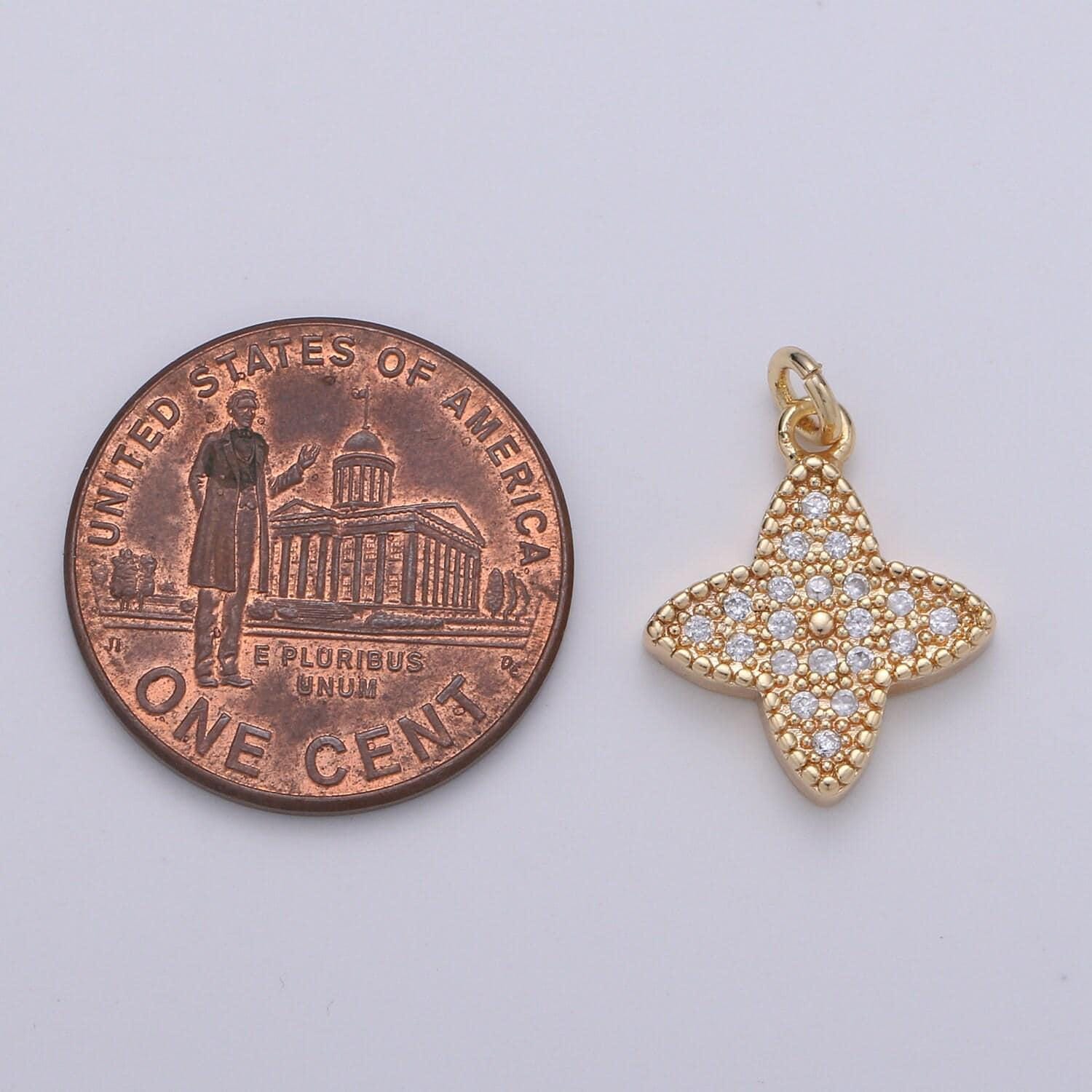 24k gold star charm pendant, gold celestial charms, flower charm necklace, micro pave cz cubic star jewelry inspired