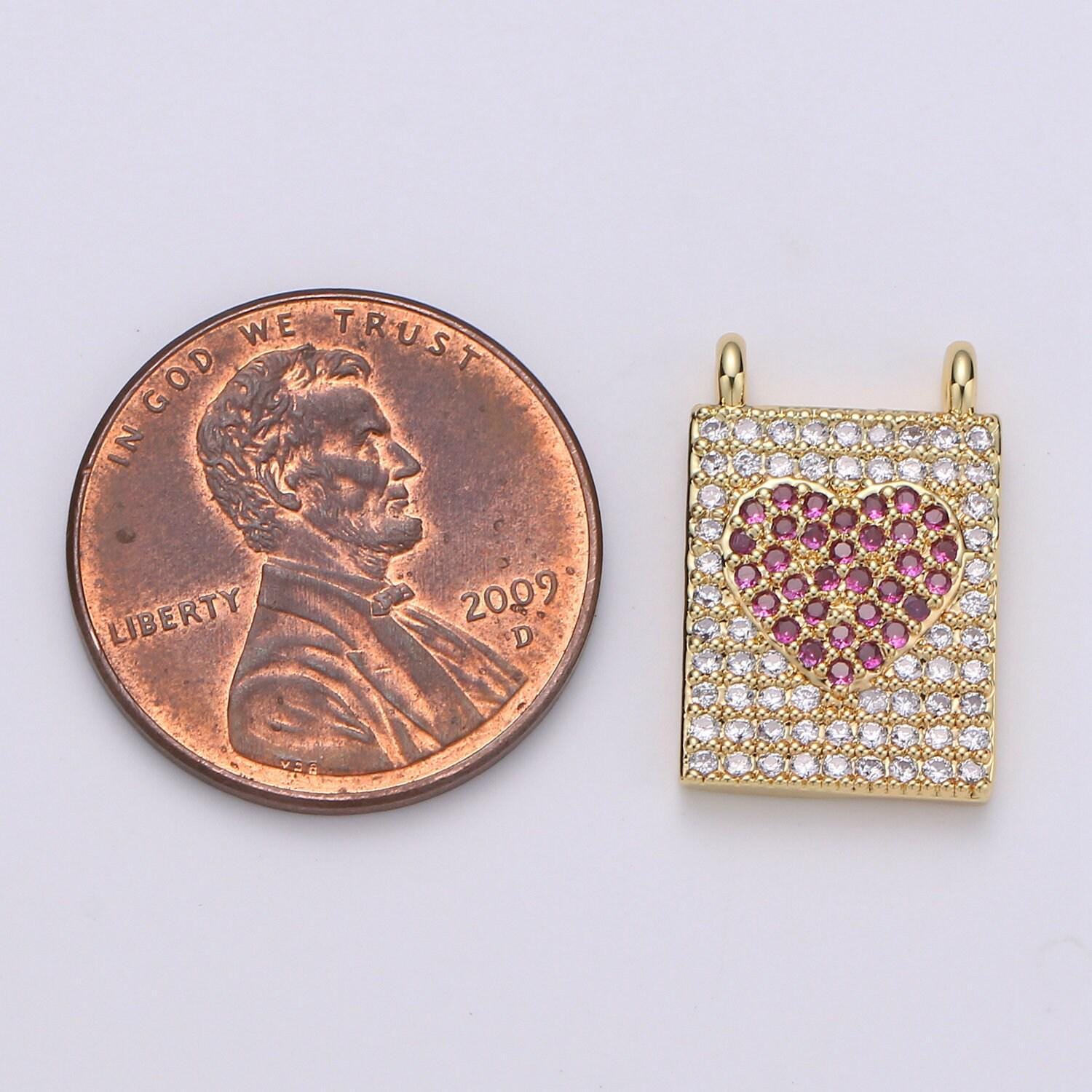Micro pave heart charm for necklace gold heart banner charm with double bail connector