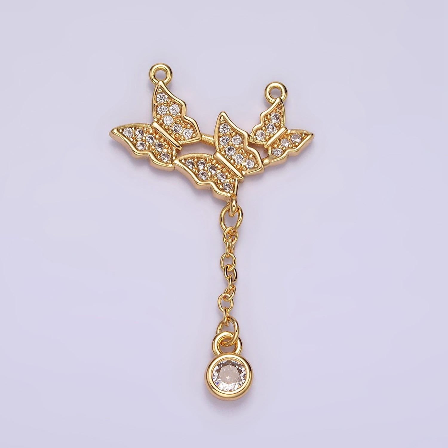 16k gold filled triple butterfly dangle micro paved cz lariat connector | y-411