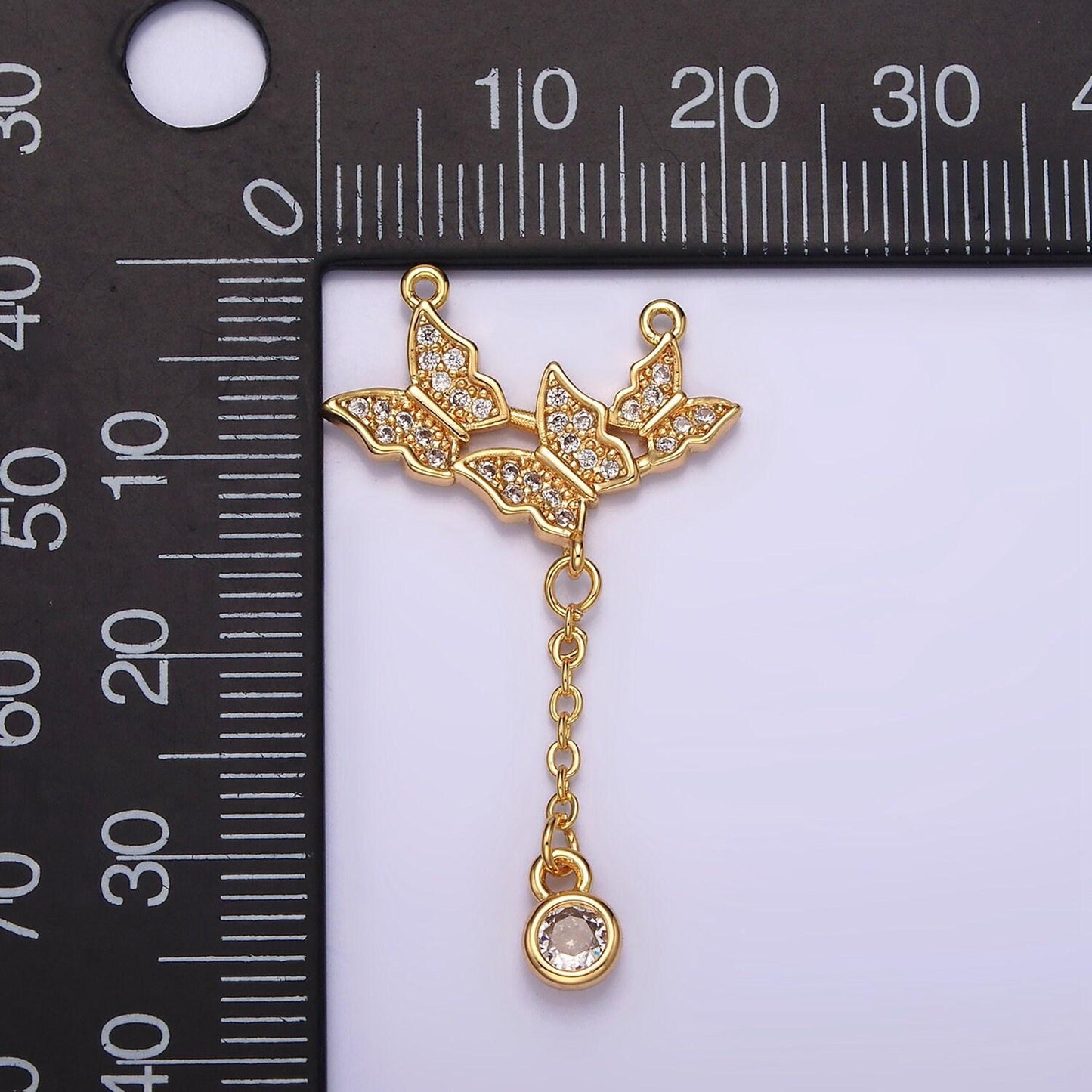 16k gold filled triple butterfly dangle micro paved cz lariat connector | y-411