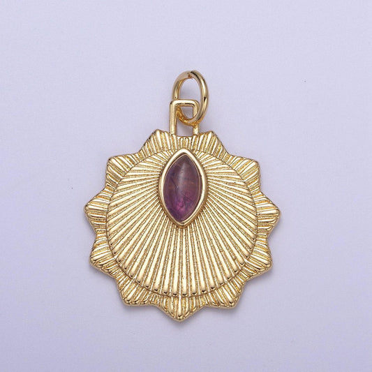Radial sun token medallion charm pendant for necklace with amethyst gemstone n-399