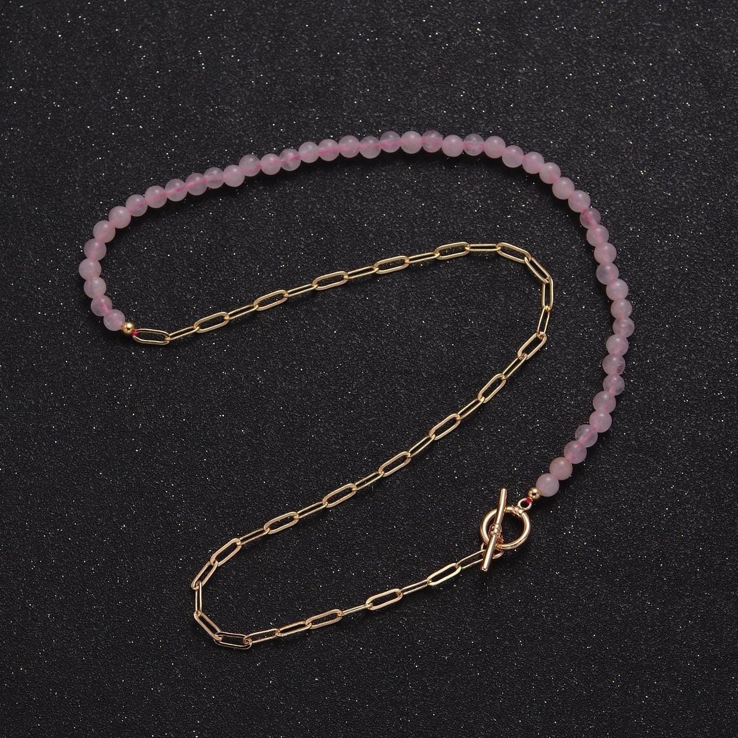 Dainty half bead half link chain necklace, 24k gold filled paperclip chain with pink quartz necklace wa-968