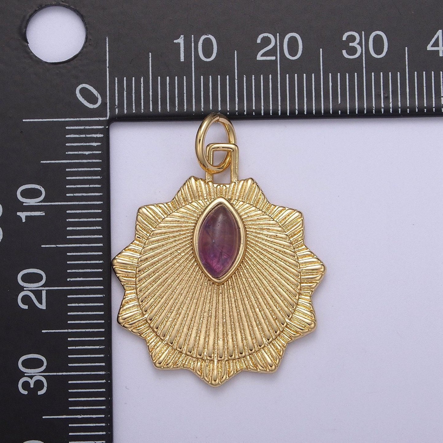 Radial sun token medallion charm pendant for necklace with amethyst gemstone n-399