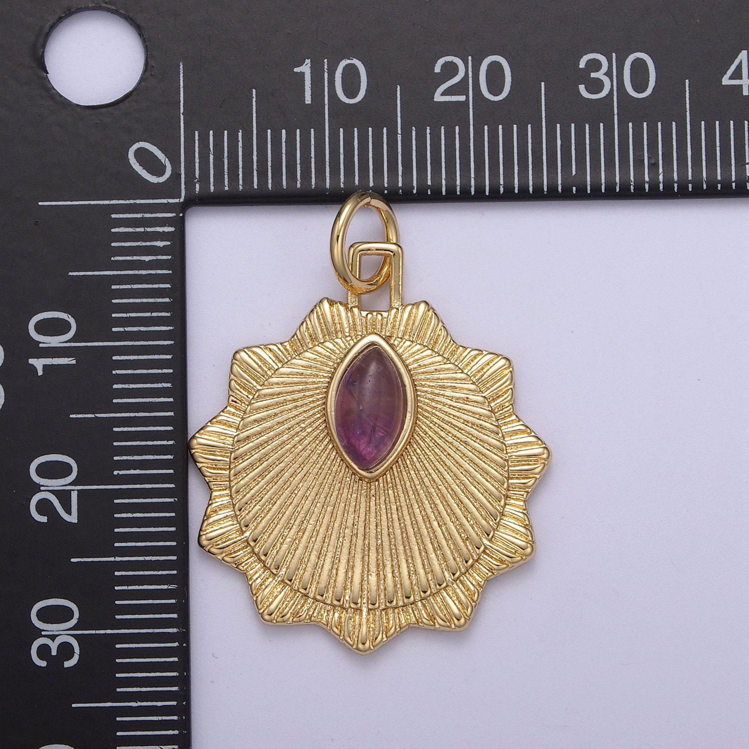 Radial sun token medallion charm pendant for necklace with amethyst gemstone n-399